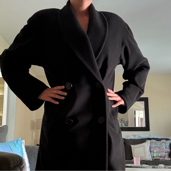 Anne Klein II Vintage Black Merino Wool and Angora Women’s Long Trench Pea Coat - Picture 14 of 16